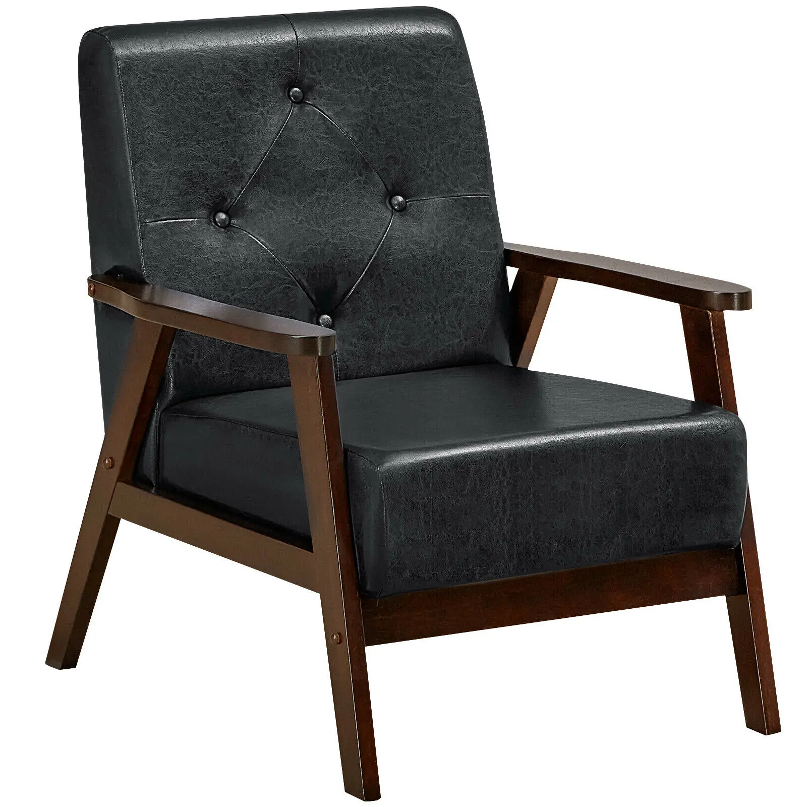 Classic Accent Chair PU Leather Armchair w/Rubber Wood Legs & Button Tufted Back