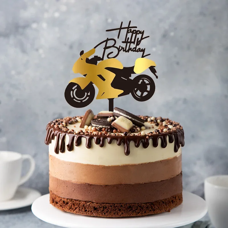 1pc Motorbike Happy Birthday Cake Topper Acrylic Gold Black Car Motorcycle Cake Topper for Man Birthday Party Cake Decorations