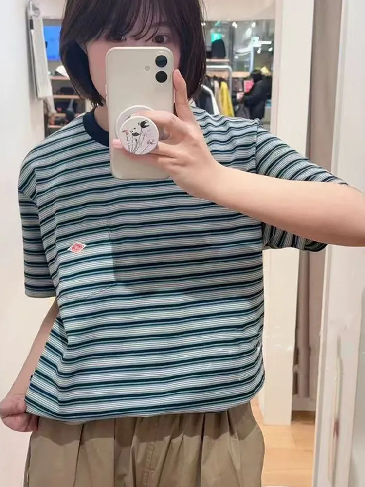 

Summer New Style Japanese Loose Fit Cotton Short Sleeve T-Shirt Embroidered Chest Pocket Color Block Striped Casual Top