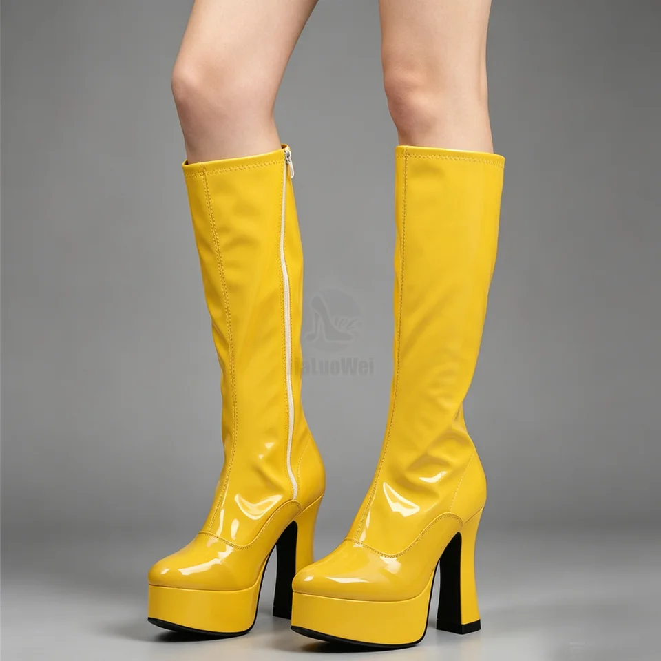 Yellow Patent Knee High Boots Ultra High Chunky Heel Platform