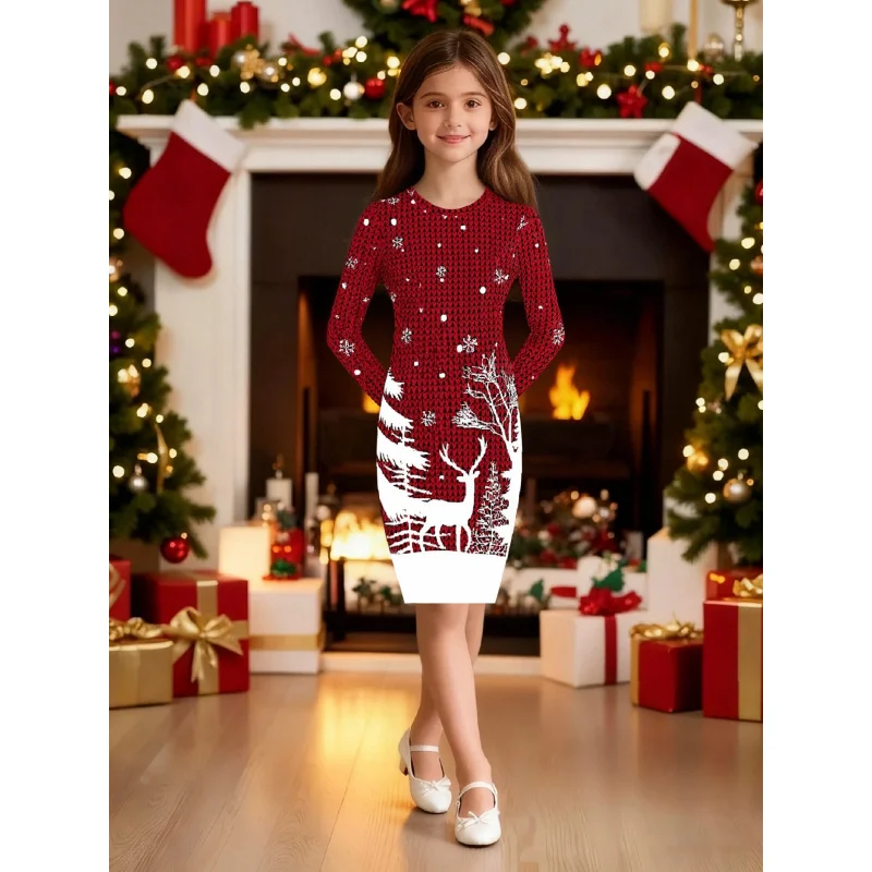 

2026 Girls Christmas Red Long Sleeve Dress Elk Snow Scene Print Holiday Dress