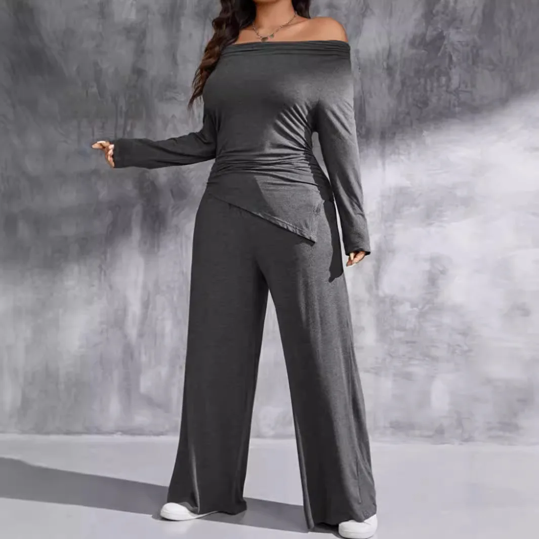 Women 2 Pieces Set Wide Leg Pant Loose Slash Asymmetried Irregular Long Sleeve Tops Blouse T Shirt Suit Streetwear