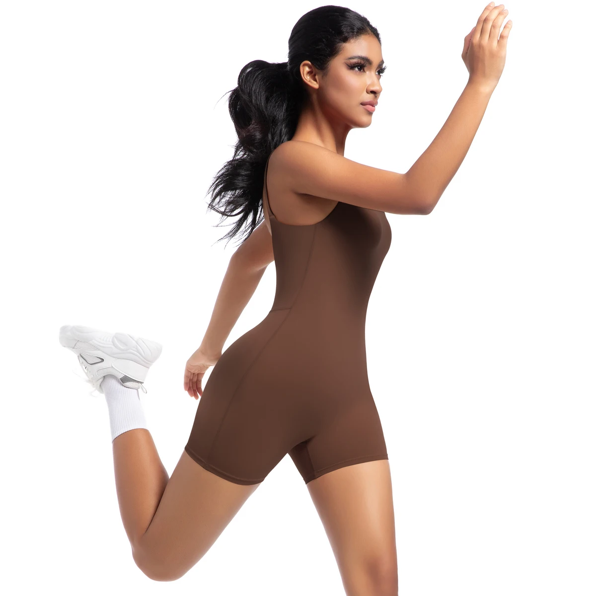Hochfester Trainings-Stretch-Bodysuit für Frauen, Einteiler, schnelltrocknend, Hüft-Push-Up, Fitness-Shorts, Träger-Jumpsuit – Detail 29