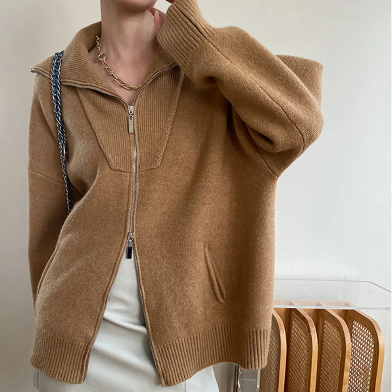 HKSH Autumn Winter New Women Sweater Cardigan Double Zipper Turn-Down Collar Knitted Casual High Street Elegant Ins Coat HK11639