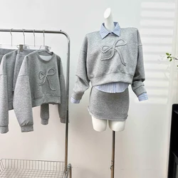 Women Grey Skirt Sets Vintage Long Sleeve Sweatshits with A-Line Mini Skirts Aesthetic Vintage Y2k Two Piece Suit 2000s Clothes