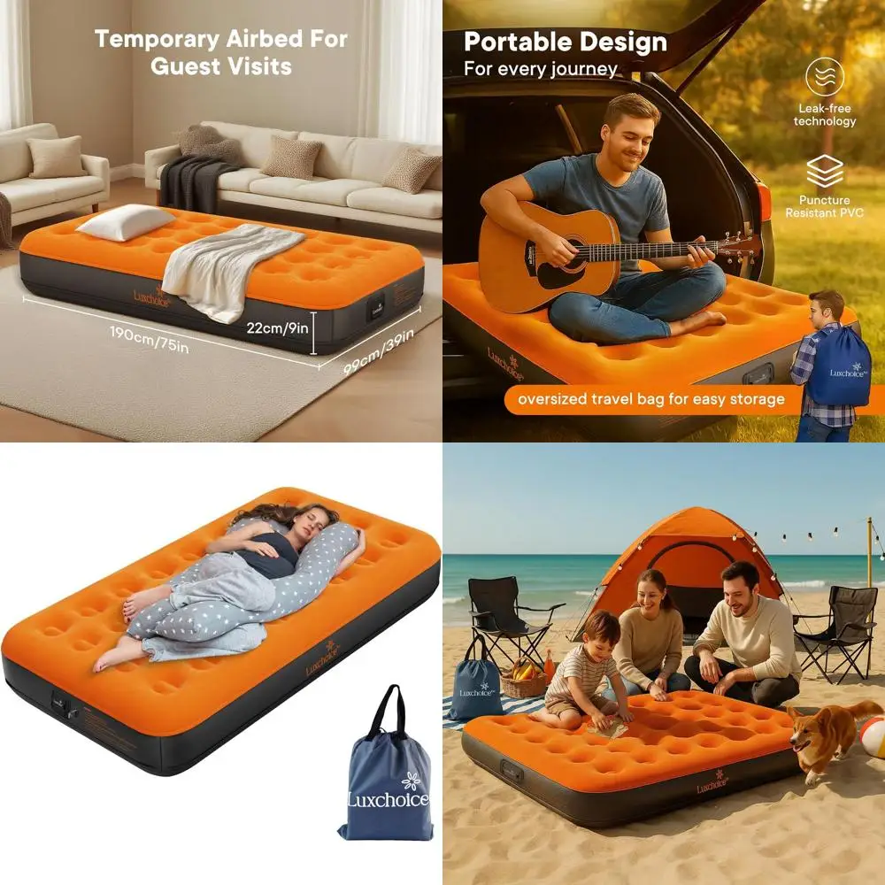 

Портативный надувной двухместный матрас для кемпинга с 9 уровнями регулировки высоты и встроенным перезаряжаемым насосом