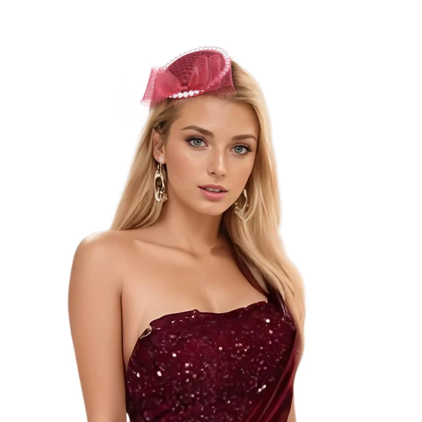 

Elegant Wine Red Bow Beads Fascinators Hat Hair clip Accessories For Women Dress Tea Party Wedding Headwewar
