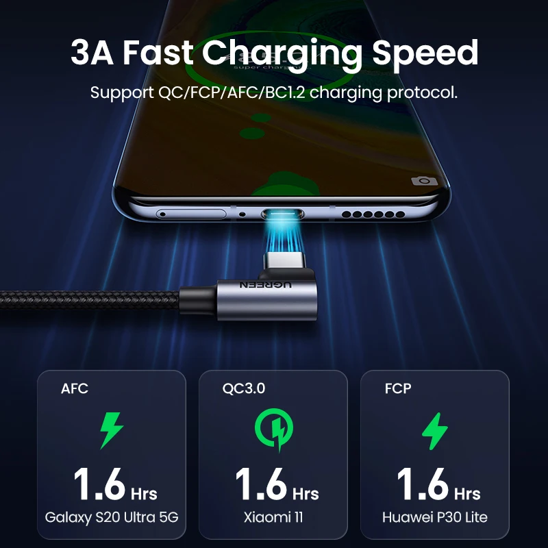 UGREEN 3A USB Type C Cable for iPhone 15 Samsung S23 Xiaomi mi 11 Mobile Fast Charging Cable 90 Angle USB Gaming Cord QC USB C image 3