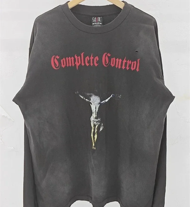 Black Washed Saint Michael Men’s Pullovers Pure Cotton Oversized Casual Long Sleeved T Shirts