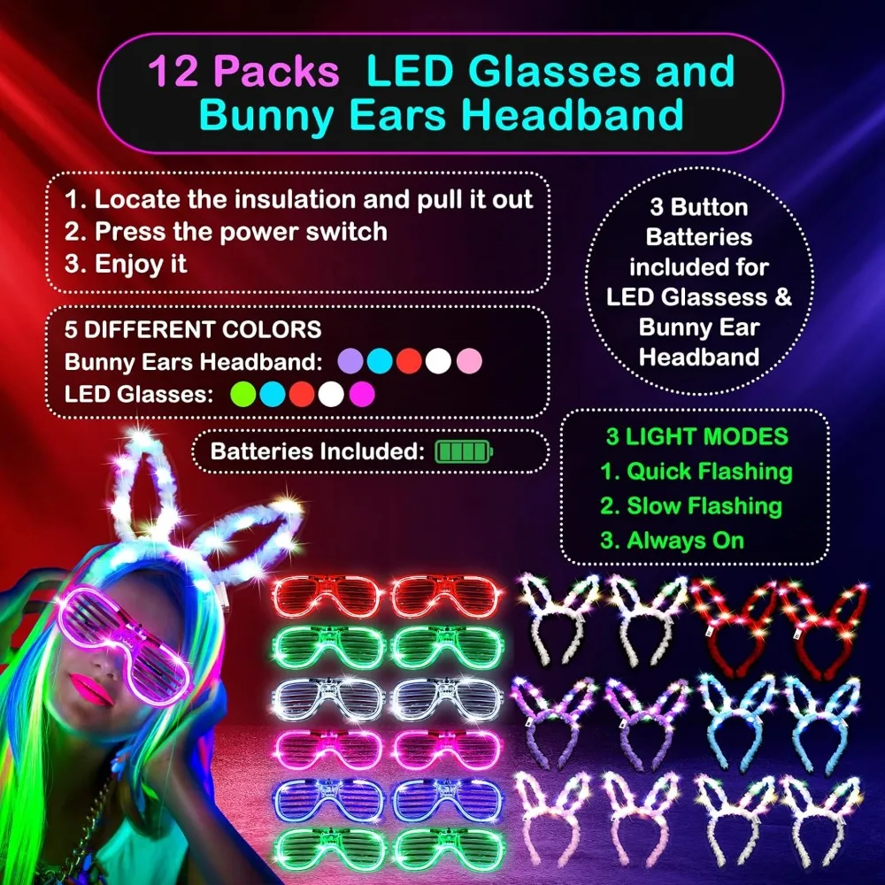 286PCS Party Supplies: 12PCS Foam Glow Sticks, 12PCS LED Glasses, 12PCS Rabbit Ear Bands and 250PCS Light Sticks, Party Supplies