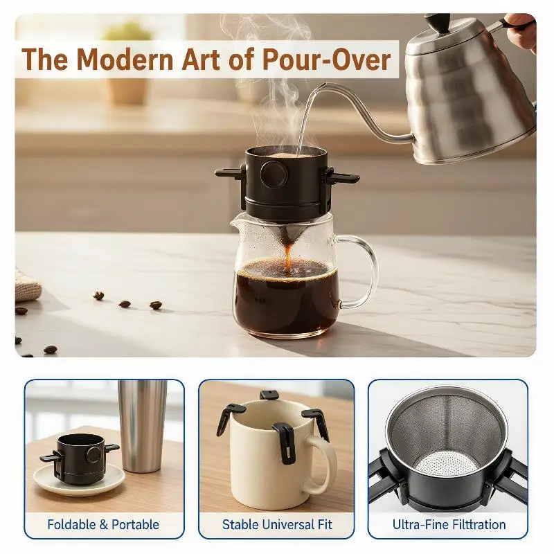 Universal Fit Coffee Dripper Foldable Hanging Ear Filter Reusable Portable For Home Office All Cup Sizes Use