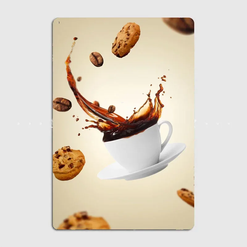 Food And Kitchen Retro Coffee Splash with Cookie Metal Posters Canteen Vintage Garage Garden Wall Tin Sign Home Decor Room Decor