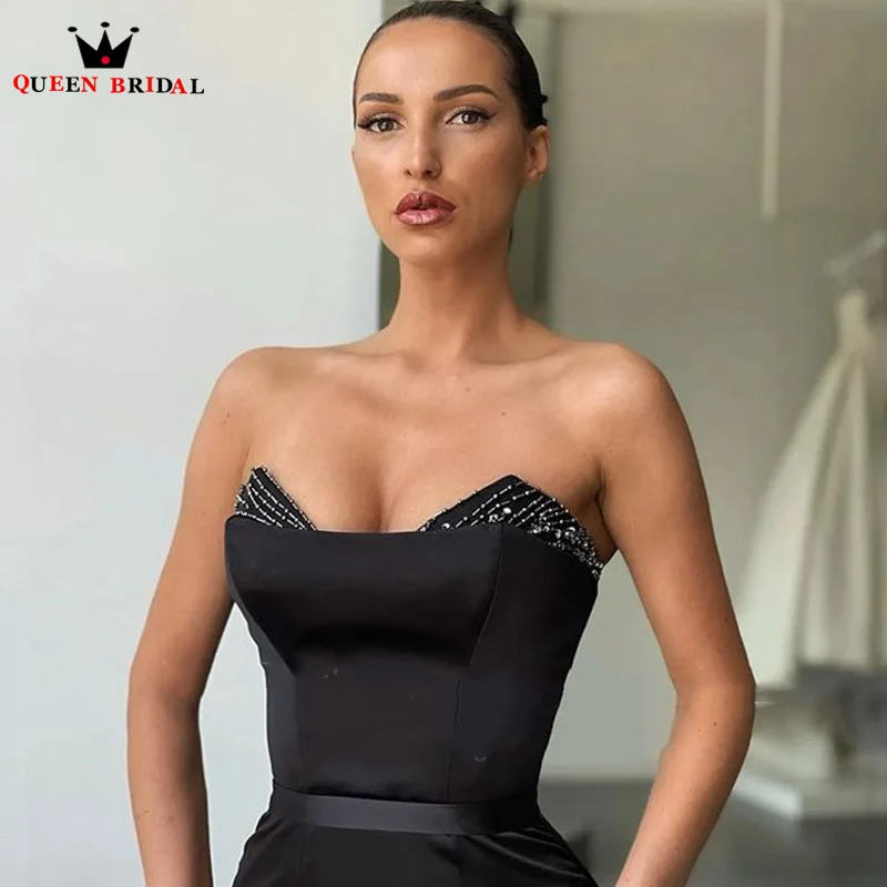 Vestido largo de sirena sin mangas para graduación, traje negro de satén con cuello en V, Espalda descubierta, moderno, hecho a medida, DT31