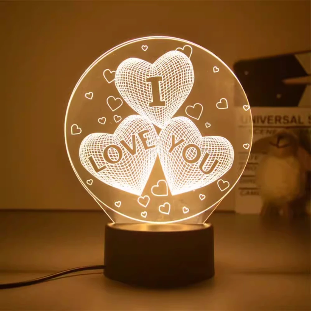 Lámpara 3D de amor romántico, globo en forma de corazón, luz de noche LED acrílica, lámpara de mesa decorativa, regalo de San Valentín, corazón, esposa