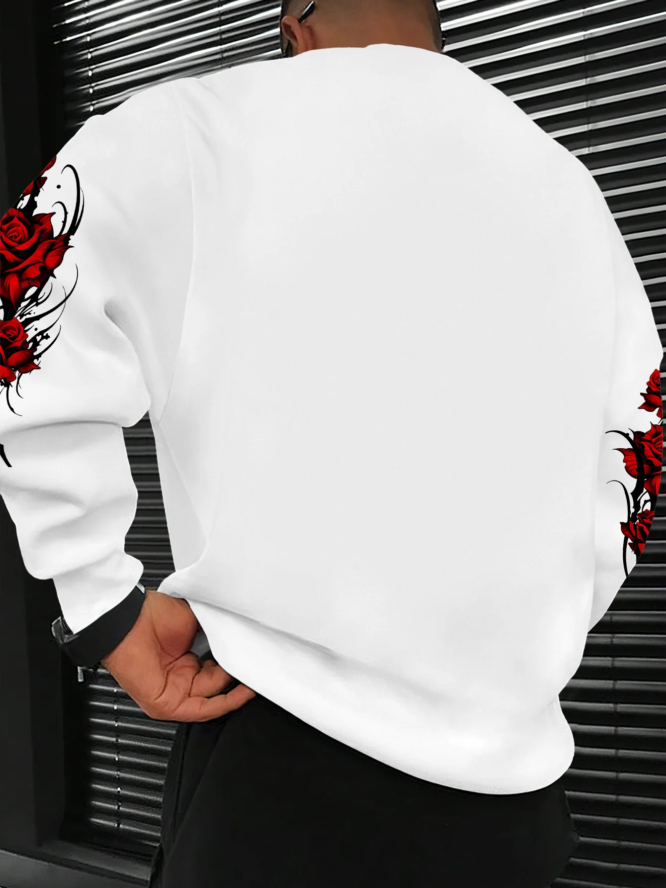 Men's Oversized Drop Shoulder Sweatshirt, Red Flower & Gothic Text Print, Streetwear Pullover