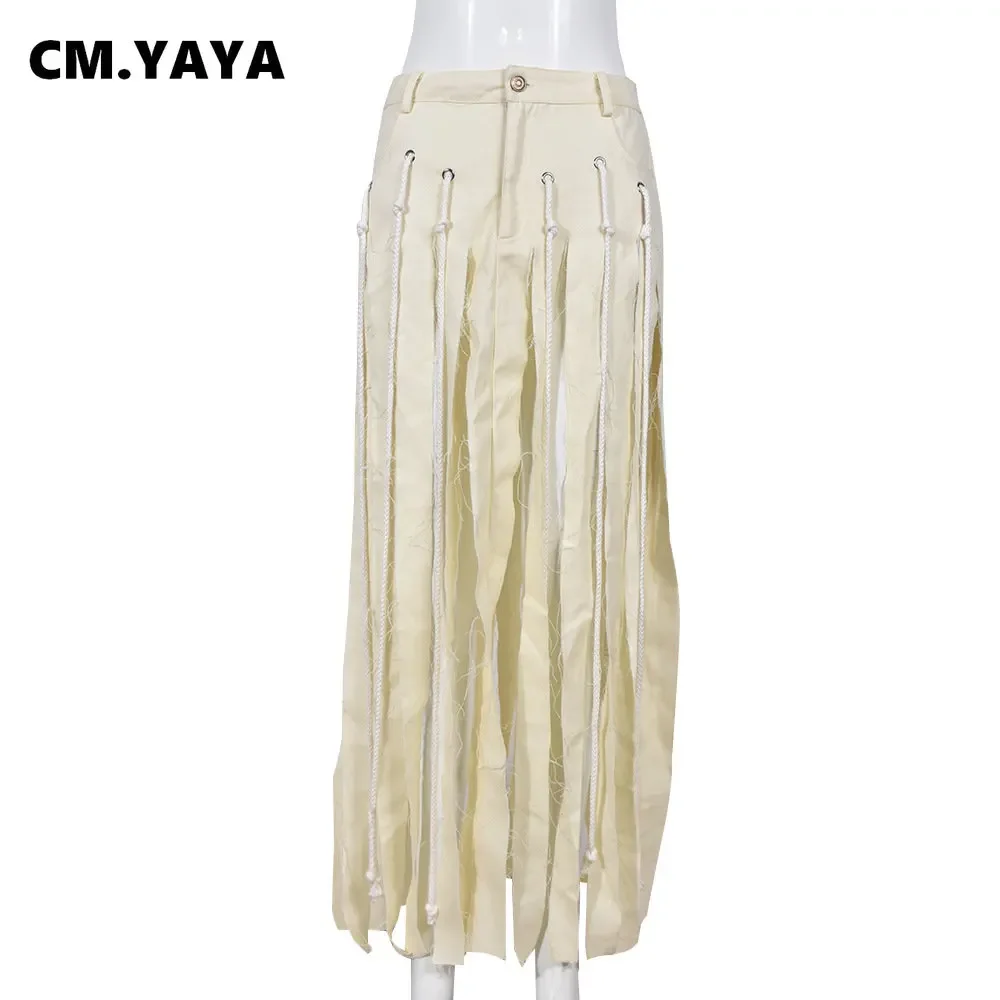 Women Cutout Split Drawstring Tassel Zipper Fly Straight Bodycon Midi Maxi Long Denim Skirt 2024 Summer INS Jeans Skirts