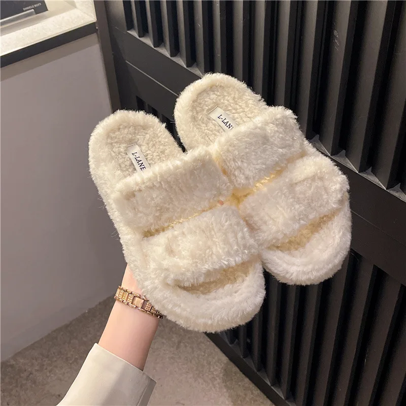 2023 Autumn/Winter New Korean Version One Word Double Strap Plush Slippers Flat Bottom Outer Cotton Slippers for Women