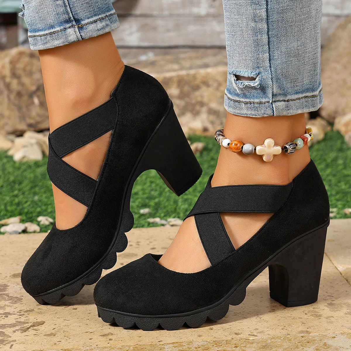

Fashion Shallow Women High Heel Pumps Outdoor Pull on Casual Chunky Heels Shoes Spring Autumn Plus Size Round Toe Ladies Shoes