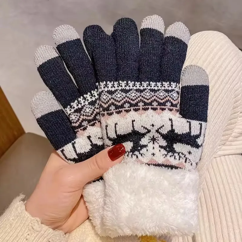 Christmas Reindeer Jacquard Knit Gloves with Plush Cuff Thick Warm Touchscreen Winter Soft Coldproof Warmth for Autumn Winter