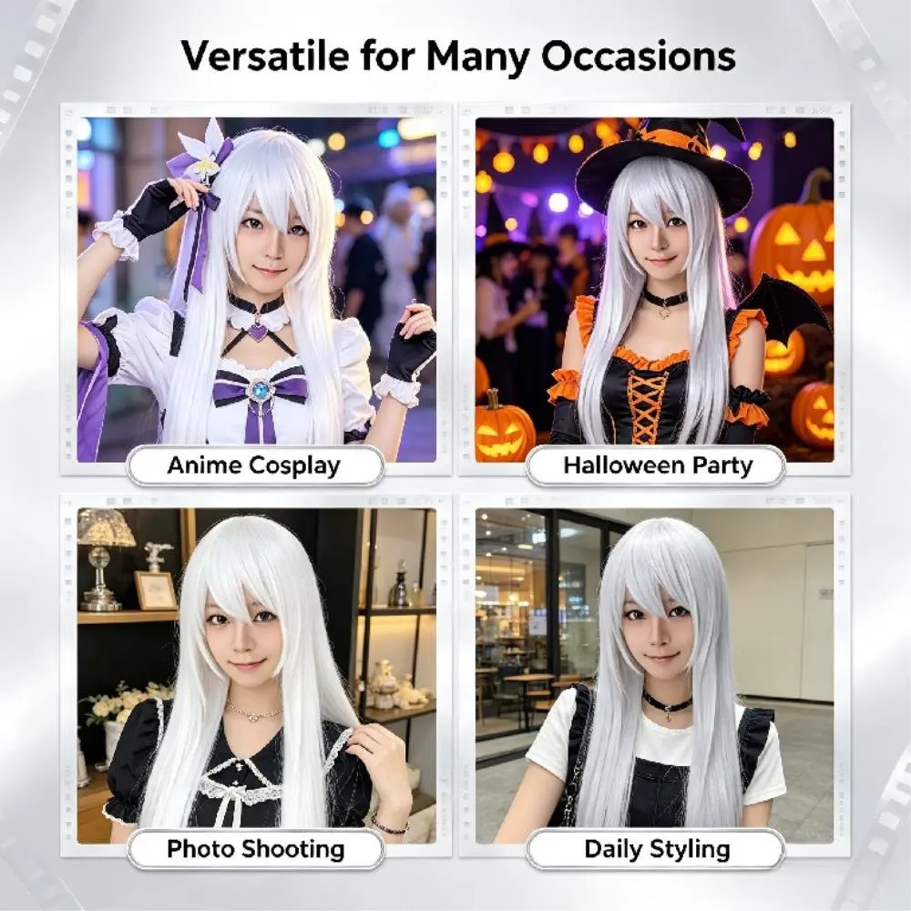 Hot-selling 80cm/31in Synthetic Sliver White Long Wig for Anime Cosplay Halloween Costume Party Straight Whitish Wig With Bangs