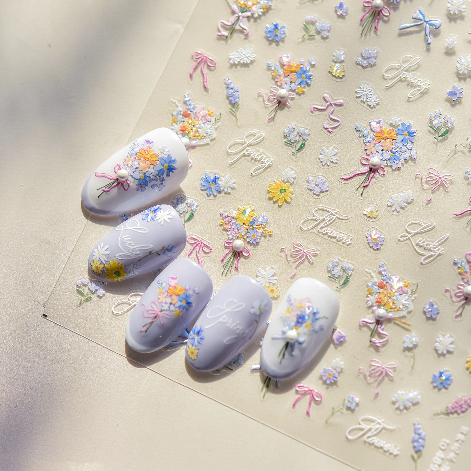 5D Photo Frame Geometric Border Bowknot  Relief Adhesive Nail Art Stickers Manicure Decals Hot Stamping Tulip Flowers
