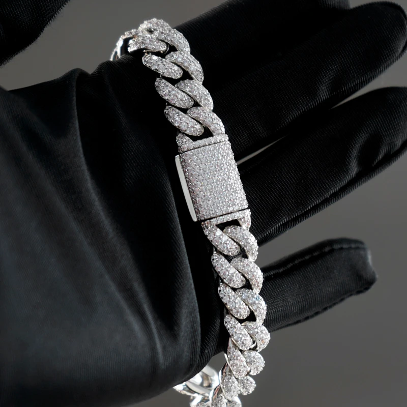 

OEM Custom Hip Hop Necklace Iced Out 925 Silver Moissanite Cuban Chain 12mm Diamond Bracelet 18K Gold Plated Chain Men Jewelry