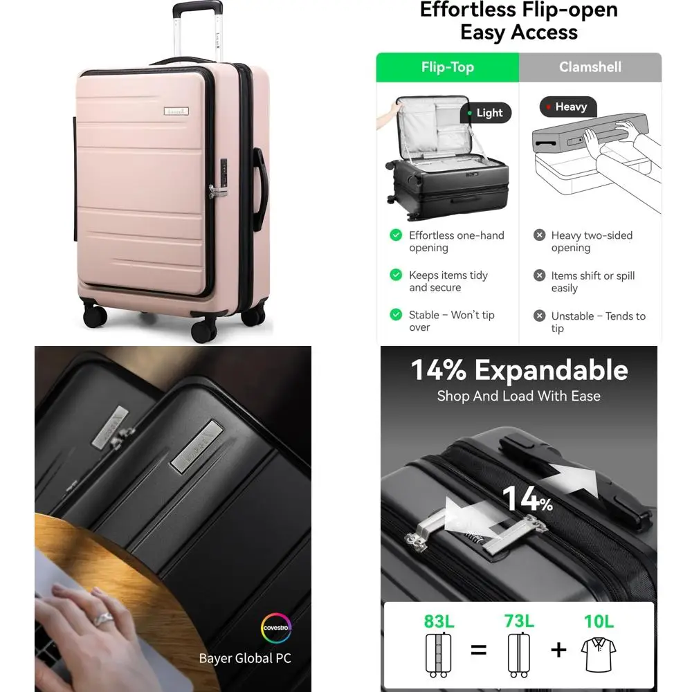 

28 inch expandable hard shell spinner luggage with front opening, lightweight pink suitcase