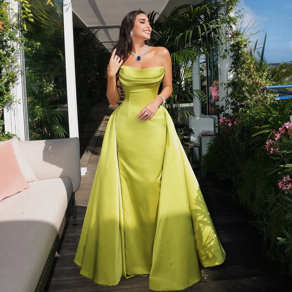 Elegantes lindgrünes Satin-Meerjungfrau-Abendkleid mit Schleppe für Damen, formelles Partykleid, schulterfreies Taft-langes Ballkleid