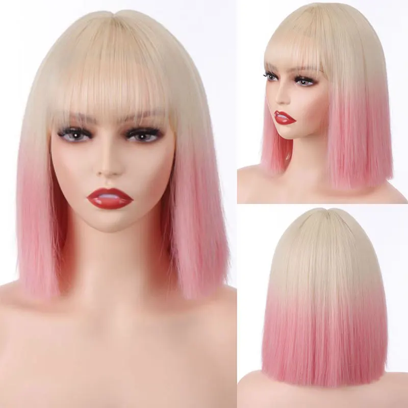 GAKA Women\'s Short Hair Synthetic Wig Gradient Color Lolita Pink Ear Length Role-playing And Party Heat Resistant Full Head Cove