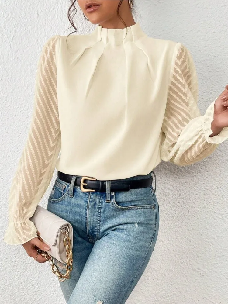 Elegant Ladies Office Shirt Tops Fashion Pleated Lace Long Sleeve T-Shirts Chiffon Shirts Casual Slim Mock Neck Blouse For Women