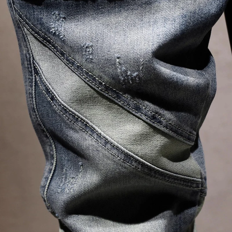 Jeans Pria Perancang Busana Jeans Robek Tambalan Slim Fit Biru Dicuci Retro Celana Denim Antik Y2K Hip Hop Sambungan Pria