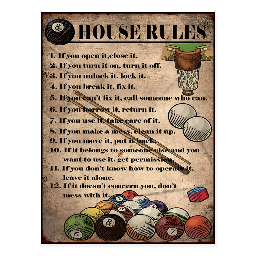 8 House Rules, Pool Table Knowledge Poster, Llama Playing Pool Art, Pool Llama No Probllama Poster, Game Room Wall Decor Gift