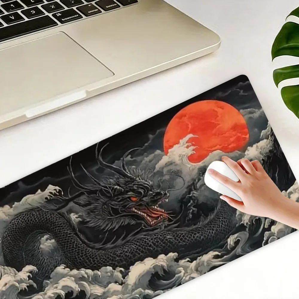 Grand tapis de souris de jeu Dark Black Dragon Red Sun Wave, tapis de table étendu japonais Ukiyo-e traditionnel chinois