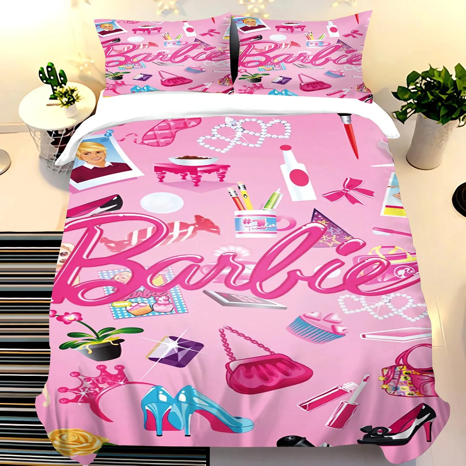 Barbie Cartoon Bed Linen Set,Barbie Bedding Set,Single Twin Full Queen King Size, Comforter Bed Set,Girls Bedroom Bedding Sets ﻿