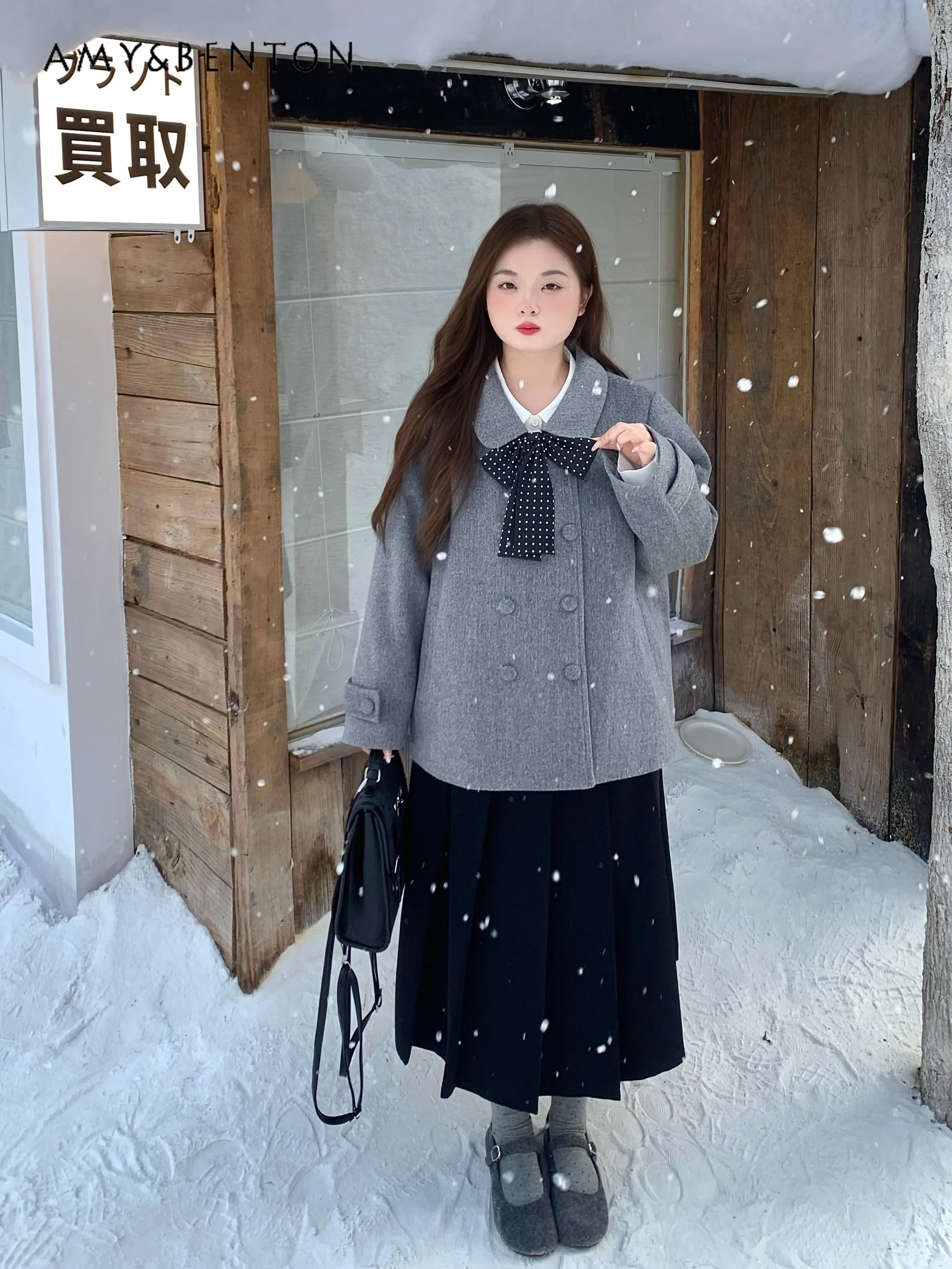 

2025 Winter New Commuter Style High-End Feel Women's Bow Short Plus Size Woolen Coat Gray Mid-Length Polka Dot Skirt