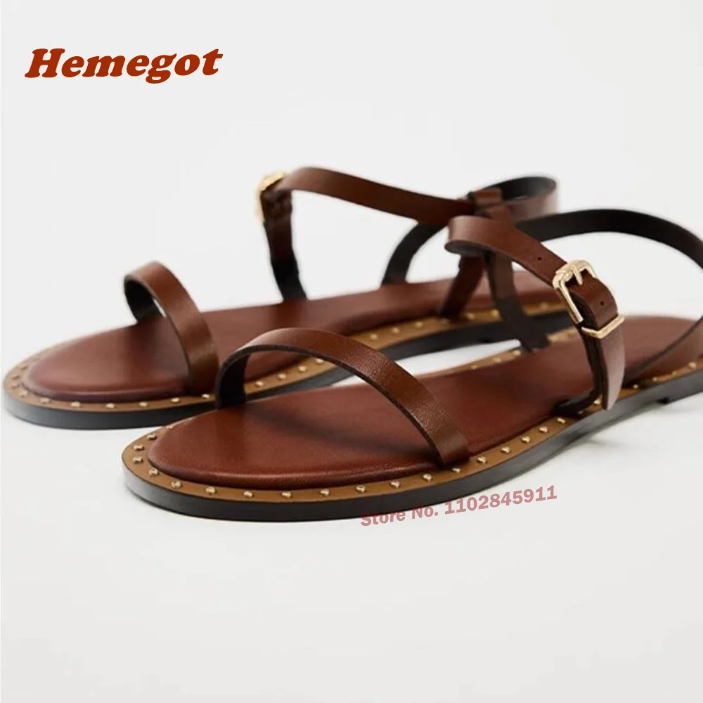 

Brown Rivet Flat with Sandals Open Toe One Strap Slingback Cut Out Women's Sandals Newest 2024 Low Heels Luxury Shoes Casual