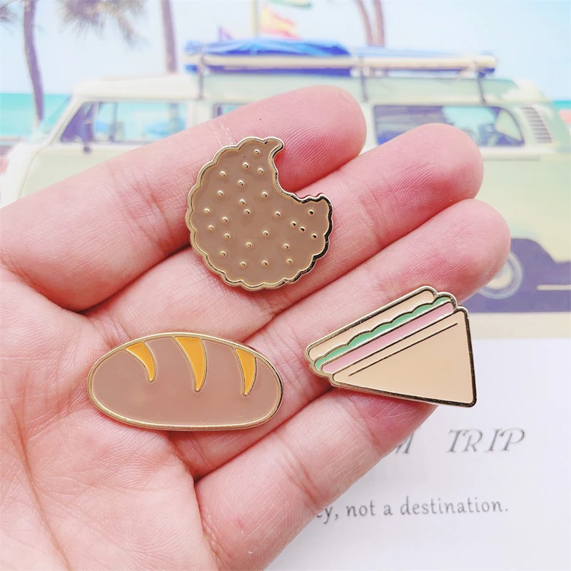 Creative and Fun Food Enamel Pins Cream Cake Biscuit Cheese Sandwich Alloy Brooch Badge Fashion Jewelry Accessories Gift