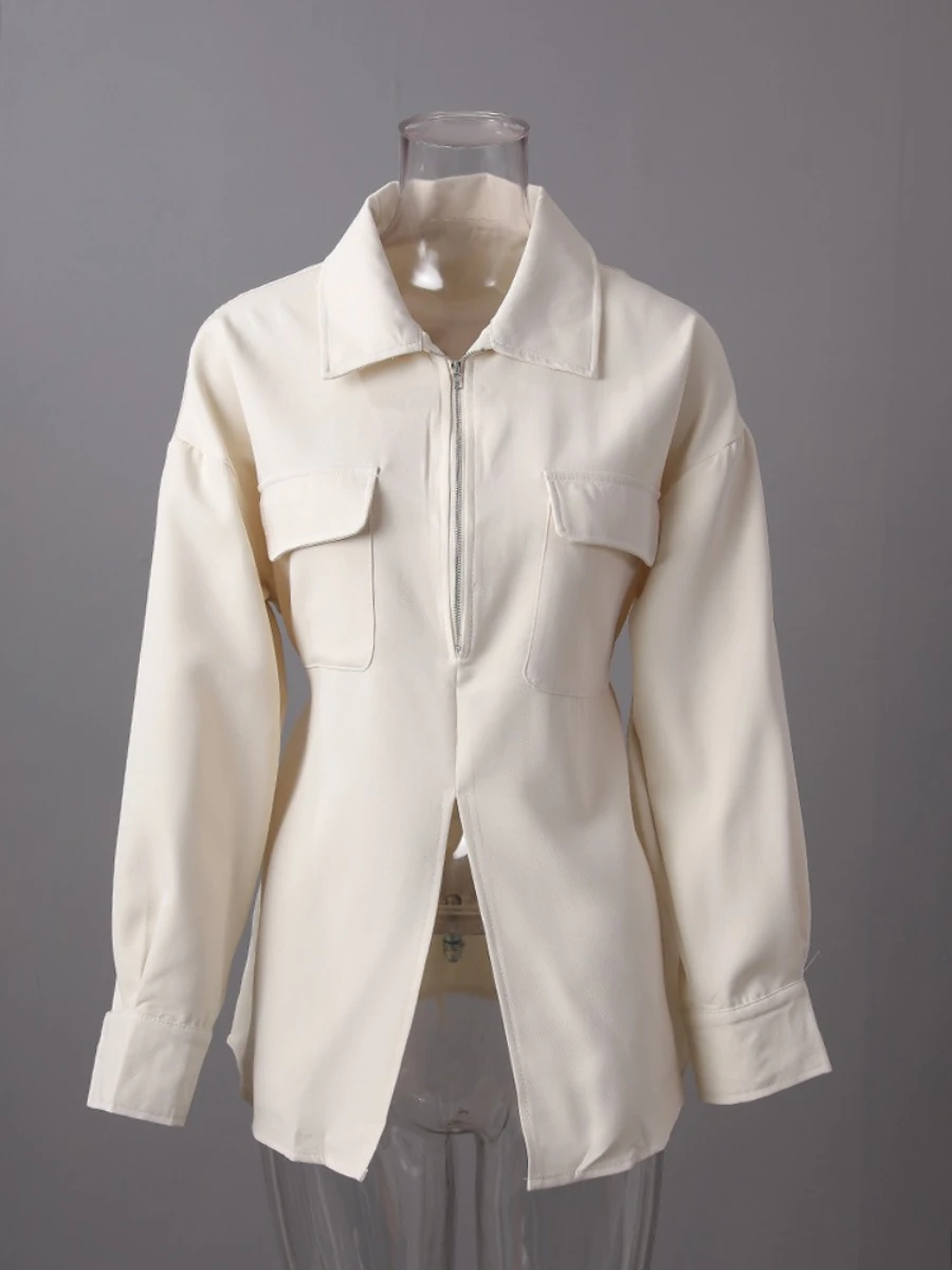 CHICEVER solide épissé fermeture éclair femme chemise revers à manches longues minceur tempérament bases femmes chemises été nouveau Style de mode