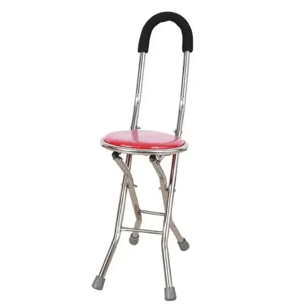 Folding chair with crutches, portable for the elderly,four legged crutches with stool for the elderly, non slip