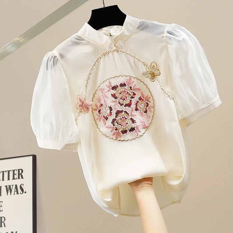 

Ele Heavy Embroidery Decoration Loose Bubble Sve irt Faionable Casual Top for Women Commute Sle
