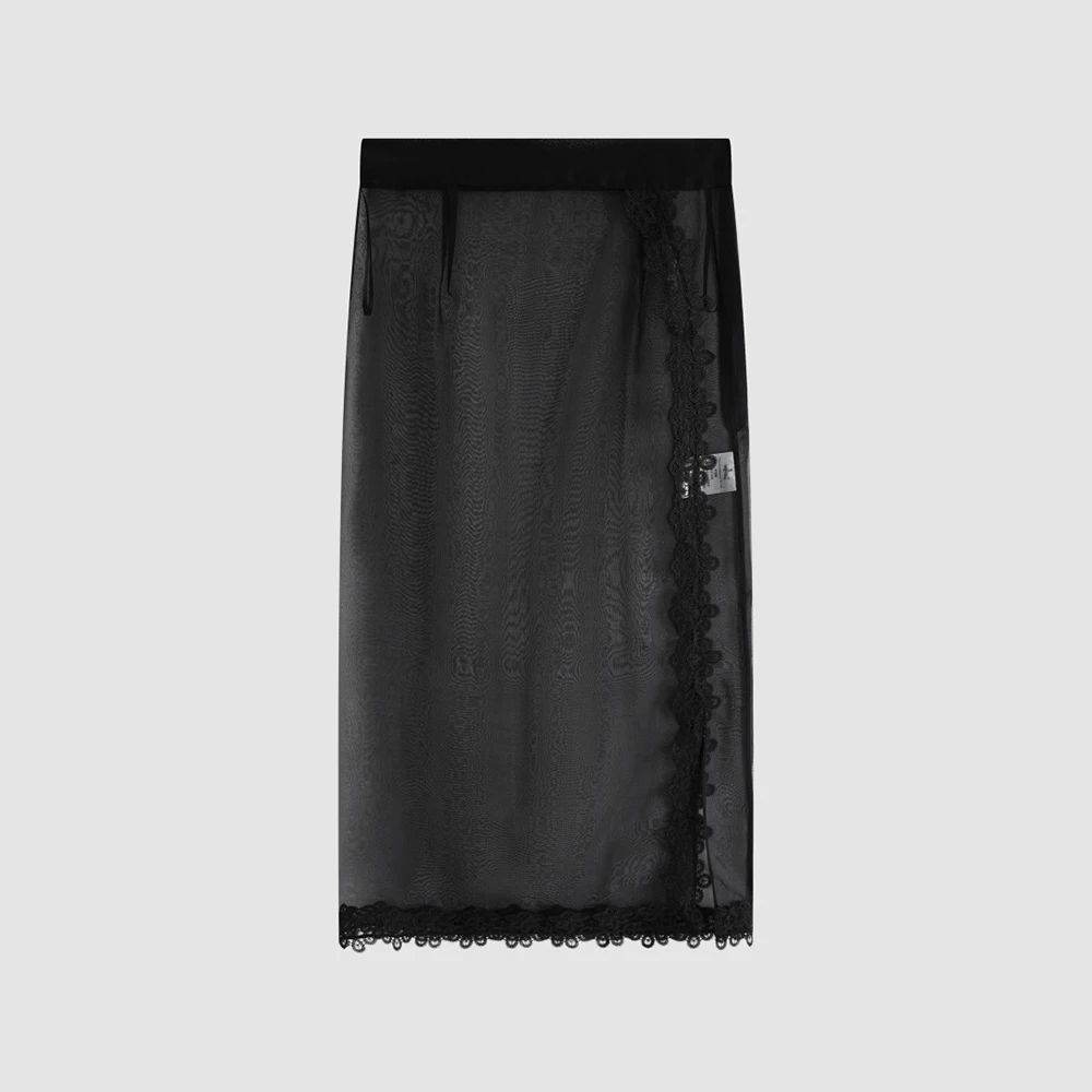 Ladies 100% Silk See Through Mesh Midi Skirt Lace Edge High Waist Side Split Skirt Elegant Party Casual Bottom