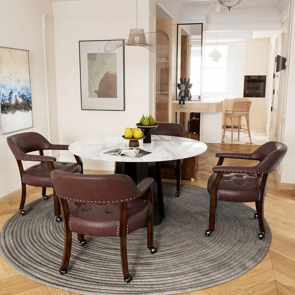 

Set of 4 Dining Chair with Casters, Leather Chair with Caster & Nailhead Trime with Rollers Curving Backrest Chairs with Wheels