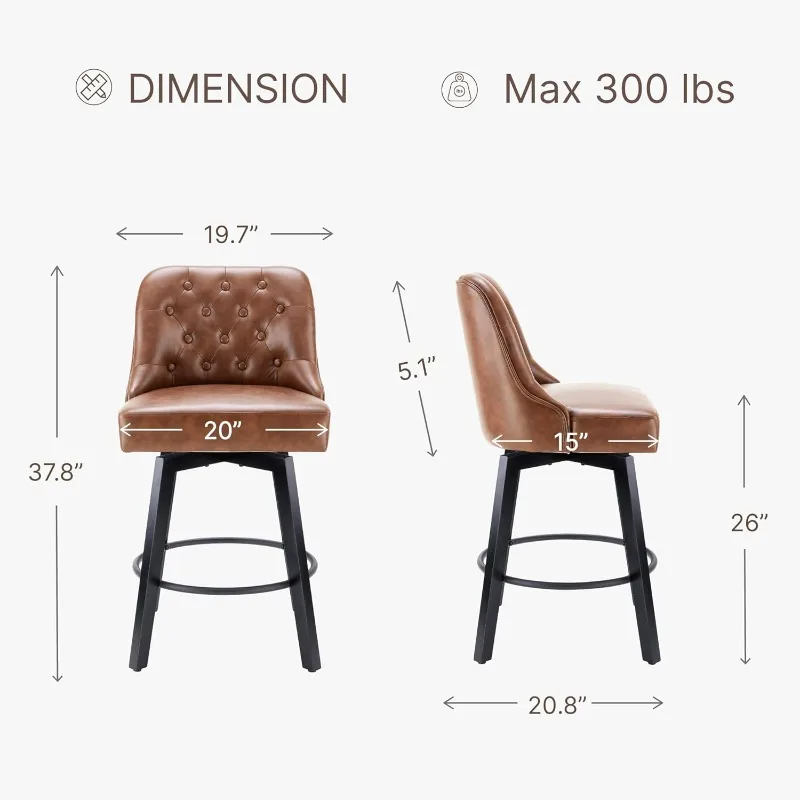 Counter Height Swivel Barstools with Back 26" H Seat Height Upholstered Fabric Bar Stools for Kitchen Island Set of 2 Brown