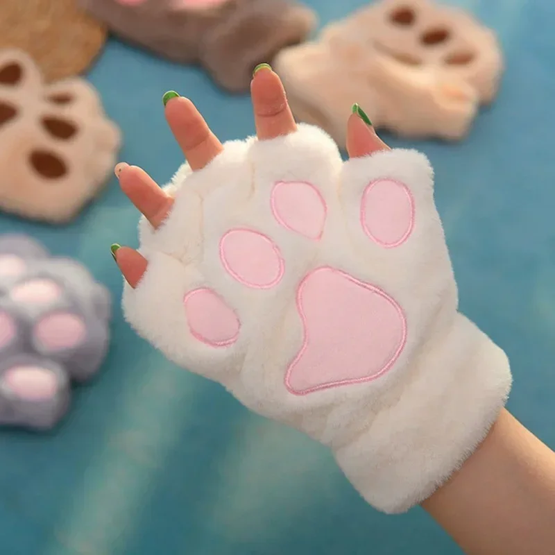 New Cute Fluffy Cat Paw Fingerless Gloves Winter Warm Plush Mitten Women Cartoon Kawaii Cat Claw Soft Thermal Half Finger Gloves