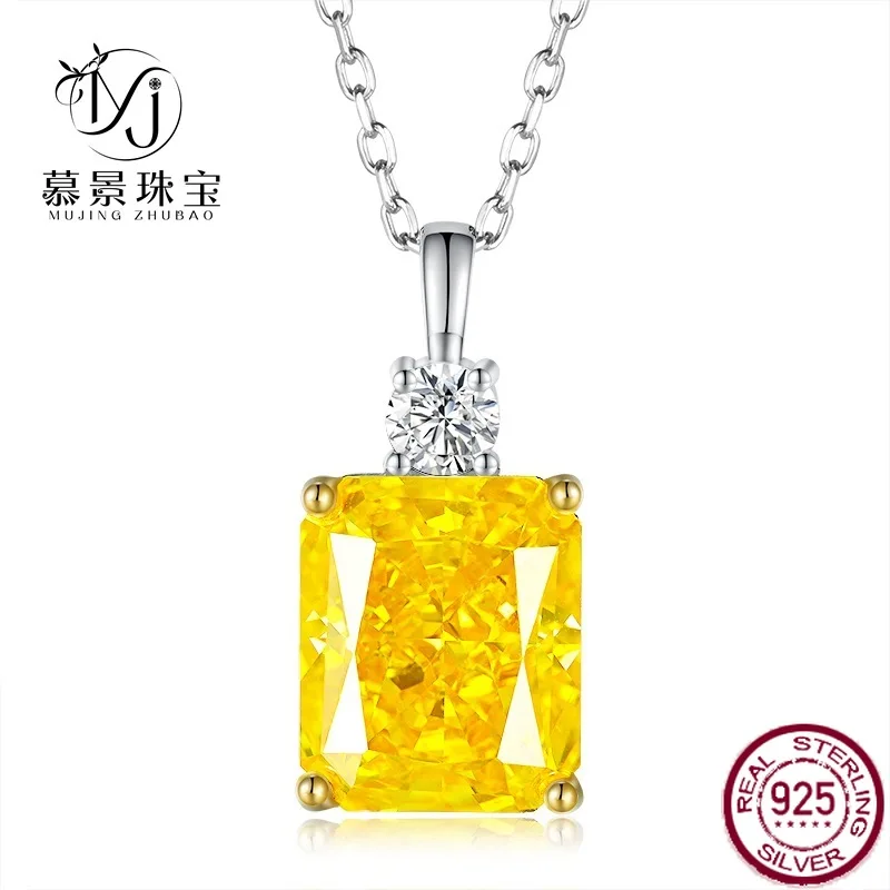 

New S925 Pure Silver 10 * 12 Women's European and American Rectangular Yellow Diamond Necklace Wedding Jewelry