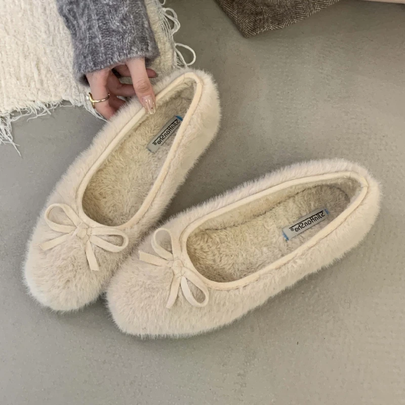 

Fall Winter Warm Fluffy Ballet Flats Women Sweet Bow Decoration Round Toe Mary Jane Shoes Comfortable Soft Sole Women's Loafers