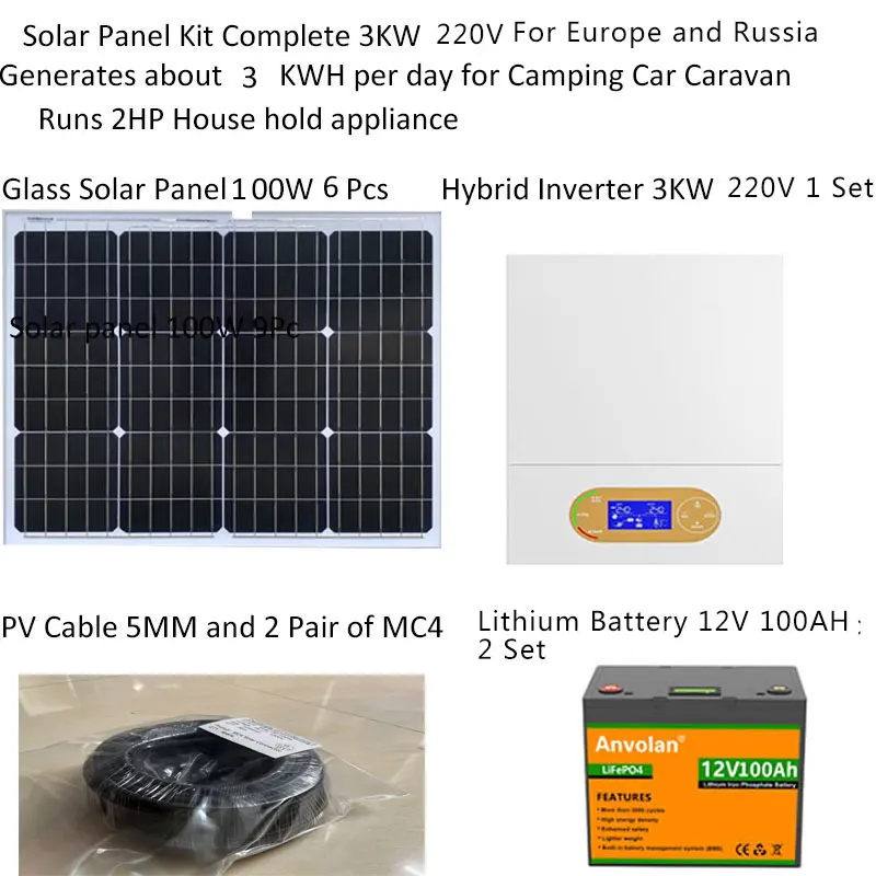 Solar Panel Kit Complete With Lifepo4 Lithium Battery 5000W 5KW 220v Hybrid Inverter Off Grid System Car Caravan Camping Boat