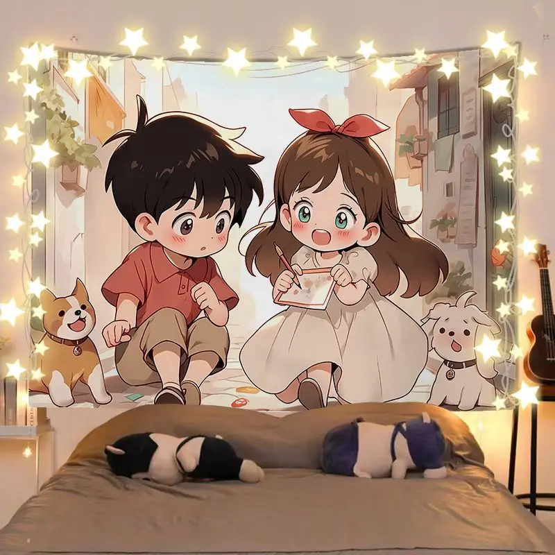 VIKAMA Little Bear Hair Decoration Campus Lovers Tapestry Wall Hanging Home Decor for Bedroom Living Room Dorm Cute anime