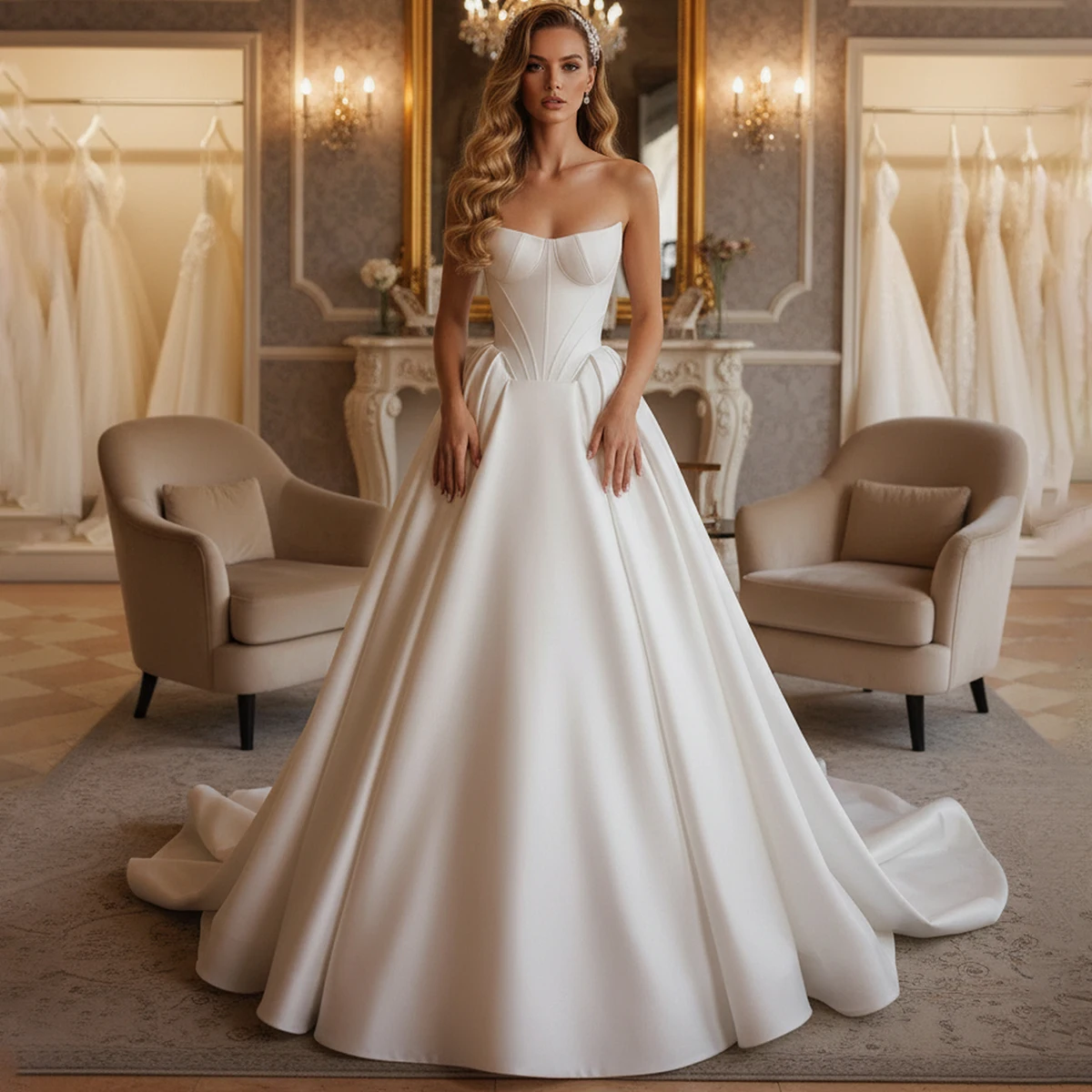 

Elegant Satin Strapless Wedding Dress With Train A Line Long Ball Gown For Women Backless Bridal Party Gown Vestidos Novia