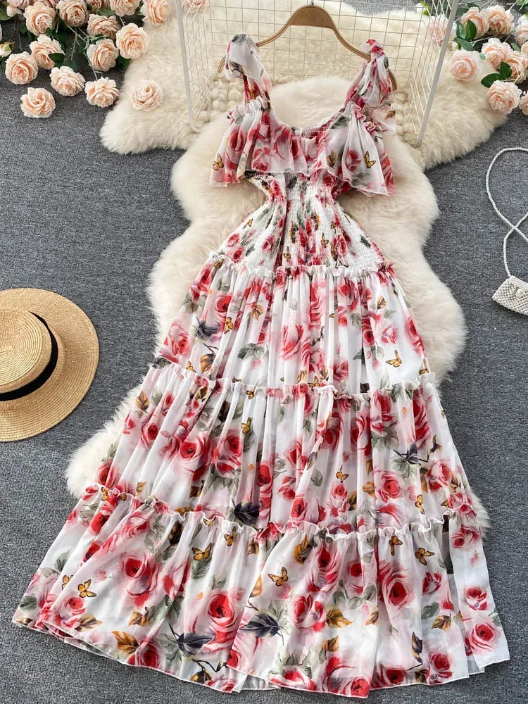 Beach Dresses Women Show Thin Seaside Holiday Maxi Pleated Long Super Fairy Chiffon Print Vestidos D968